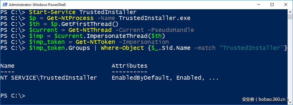 PowerShell console showing successful impersonation.