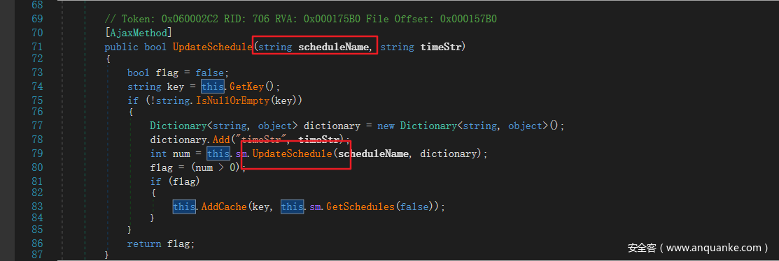 68 69 70 71 72 73 74 75 76 77 78 79 80 81 82 83 84 85 86 87 // Token: ox060002C2 RID: LAjaxMethod] public bool UpdateSchedu1 bool flag — false , 706 RVA: (string Ox000175BO File Offset: Ox000157BO t ineStr) scheduleName, string string key = GetKey() , if string. IsNu110rEmpty (key)) Dictionary<string, object) dictionary = new Dictionary<string, dictionary. Add UpdateSchedu1e(sc edu1eNane, dictionary) , int num = flag = (num > 0) ; if (flag) @ü3.AddCache (key, hi sm. GetSchedu1es (false)) , flag; return object > ( ) ; 