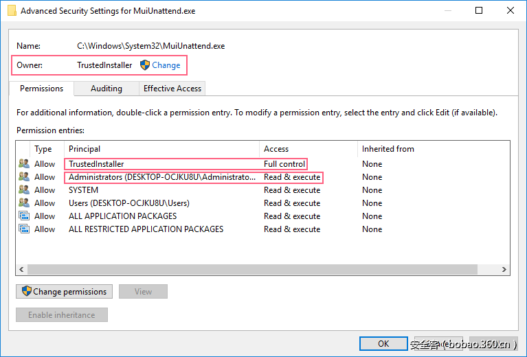 File Security Descriptor Dialog showing Trusted Installer as Owner